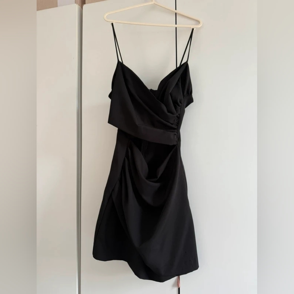 Elegant Black Draped Slip Dress with Spaghetti Straps